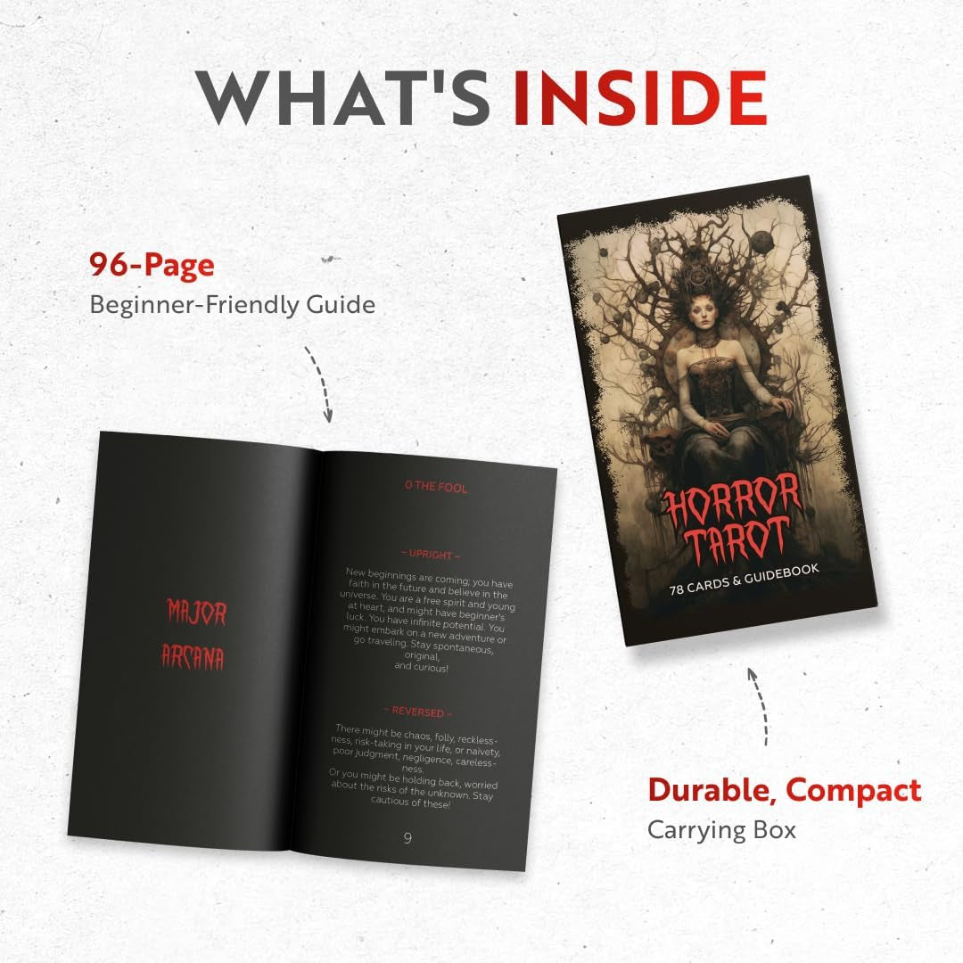 Horror Tarot Cards, 78 Cards Deck with Foil Edges, Original for Beginners and Experts with Guide Book, Fortune Telling Game, Divination Tools for All Skill Levels.