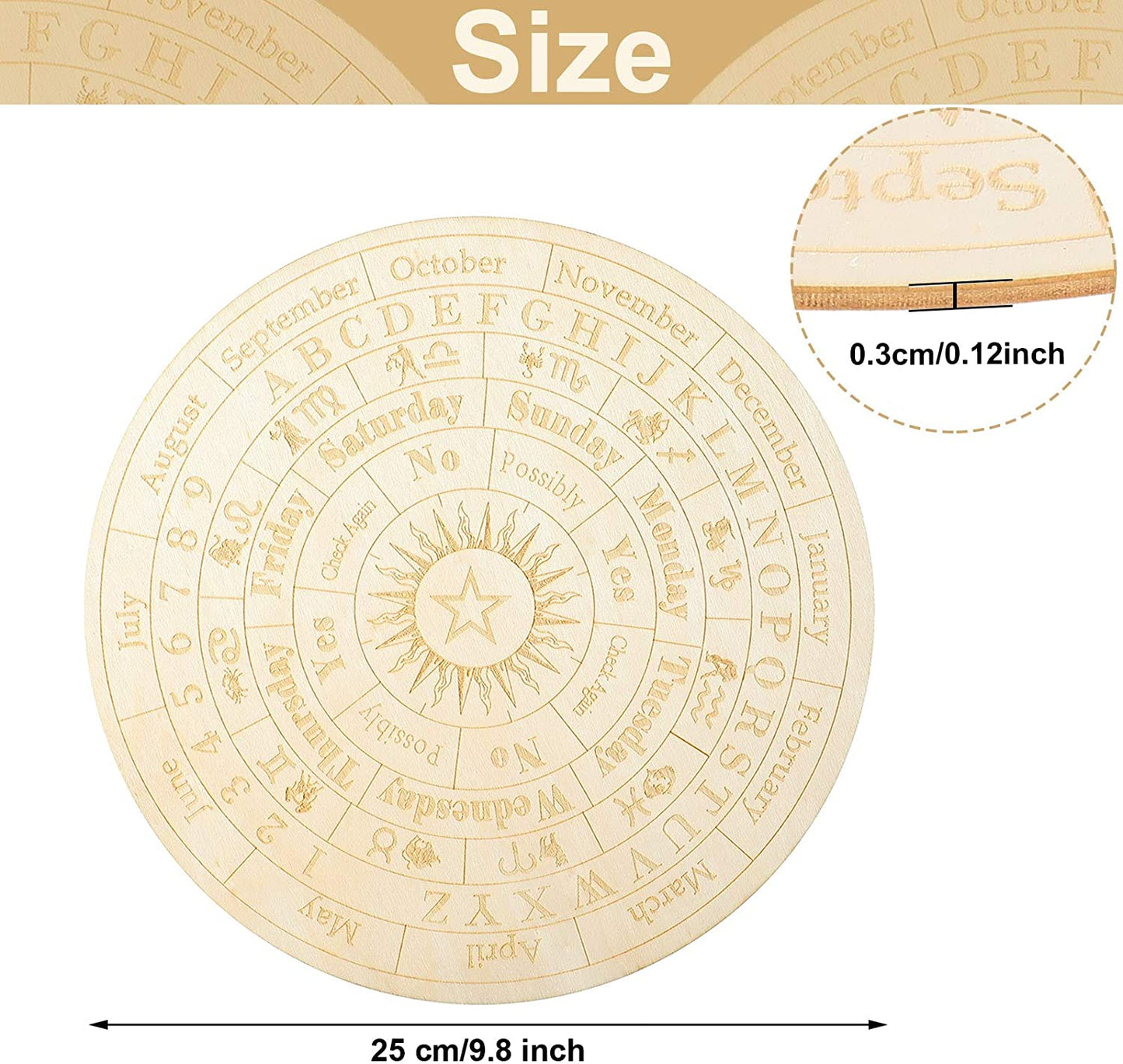 Star Pendulum Board Wooden Dowsing Board Divination Metaphysical Message Board for Witchcraft Wiccan Altar Supplies Kit Beginner Witchcraft Supply, round Shape (9.8 Inch)