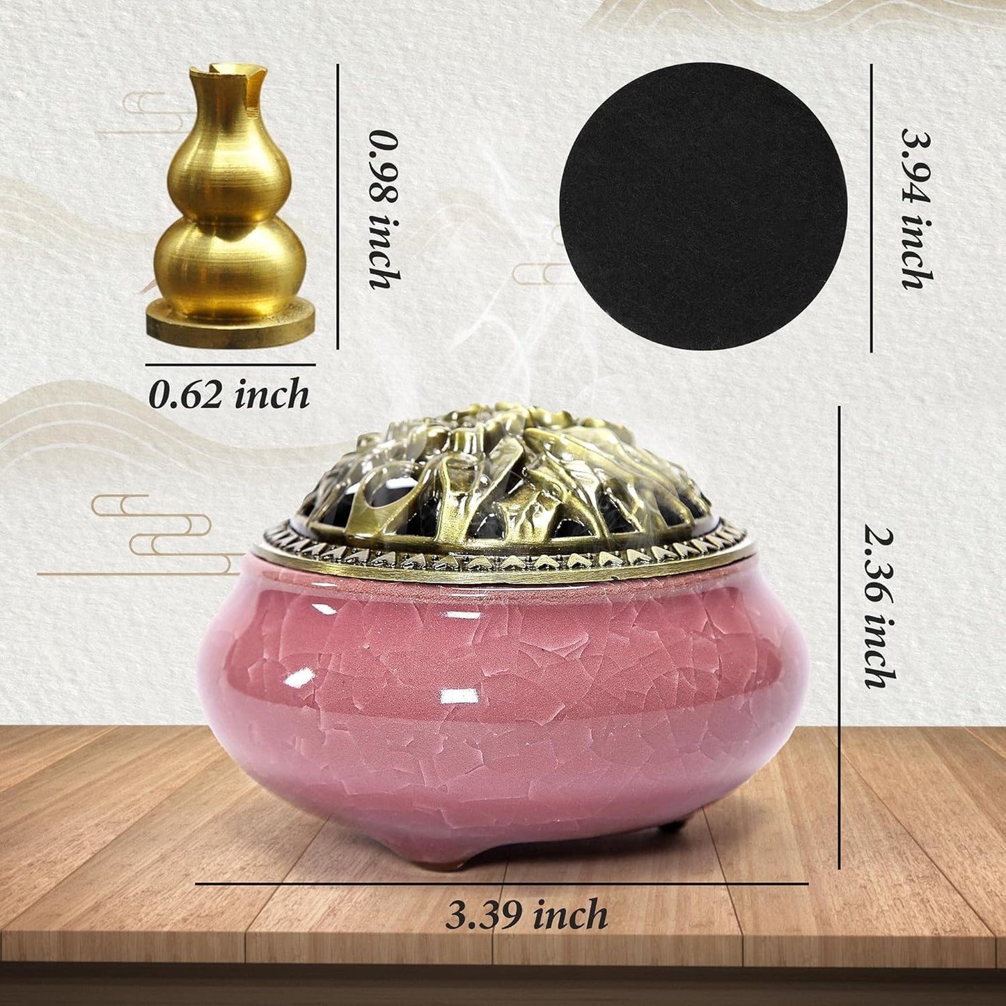 Incense Burner with Brass Incense Holder, Ceramic Incense Burner, Suitable for Linearconepan Incense Stick Burner, There Are 30 Incense Cones inside (Violet)