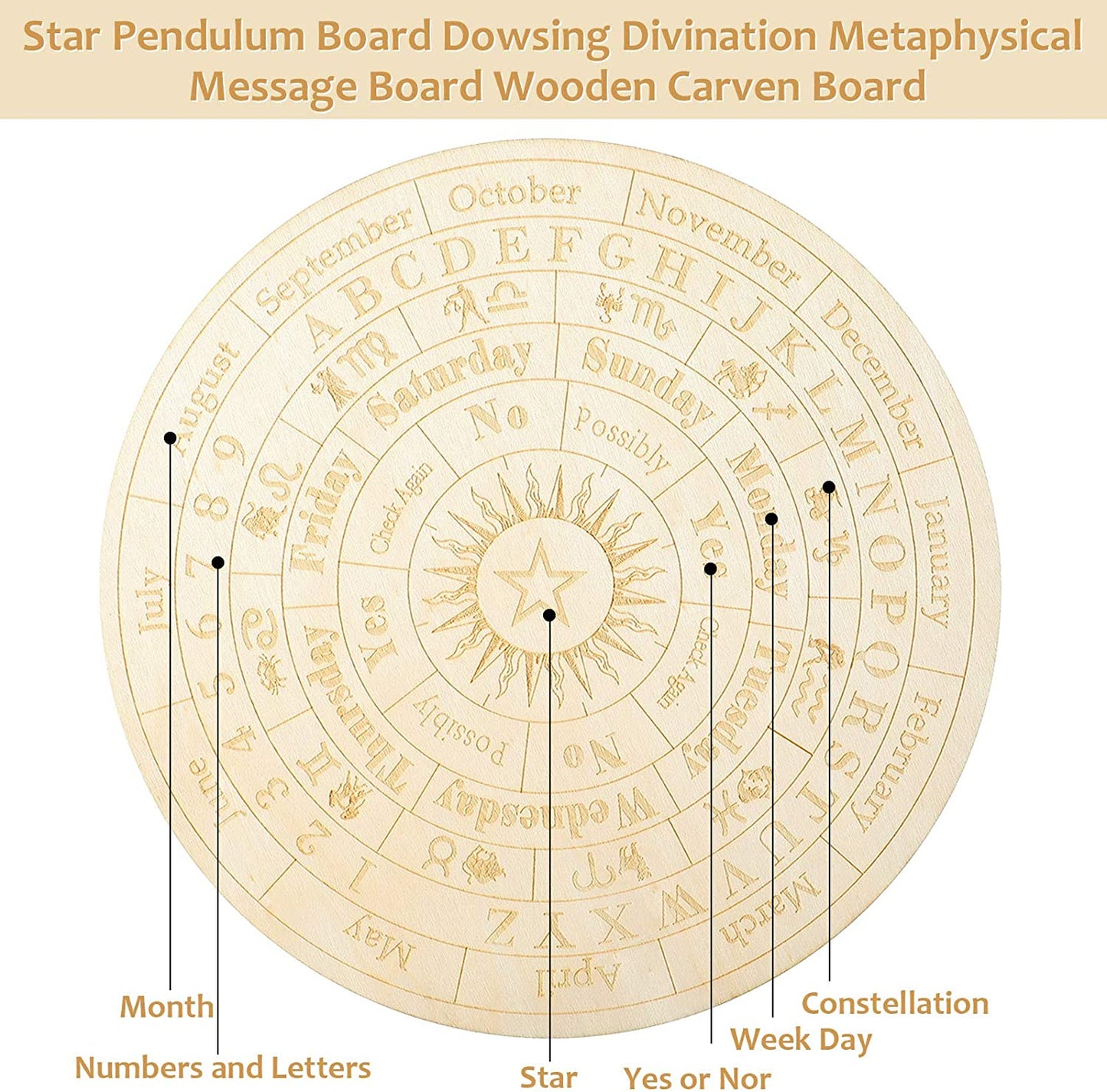 Star Pendulum Board Wooden Dowsing Board Divination Metaphysical Message Board for Witchcraft Wiccan Altar Supplies Kit Beginner Witchcraft Supply, round Shape (9.8 Inch)