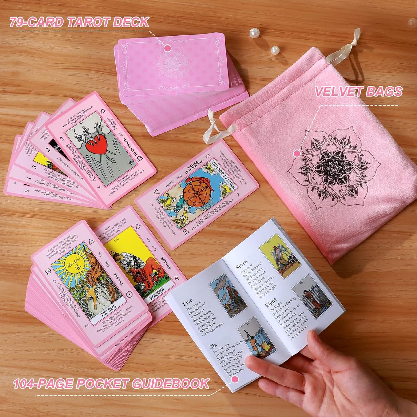 Pink Tarot Cards Deck Set for Beginners with Meanings on Them-Tarot Card with Guidebook-(Free Velvet Tarot Bag Pouch)