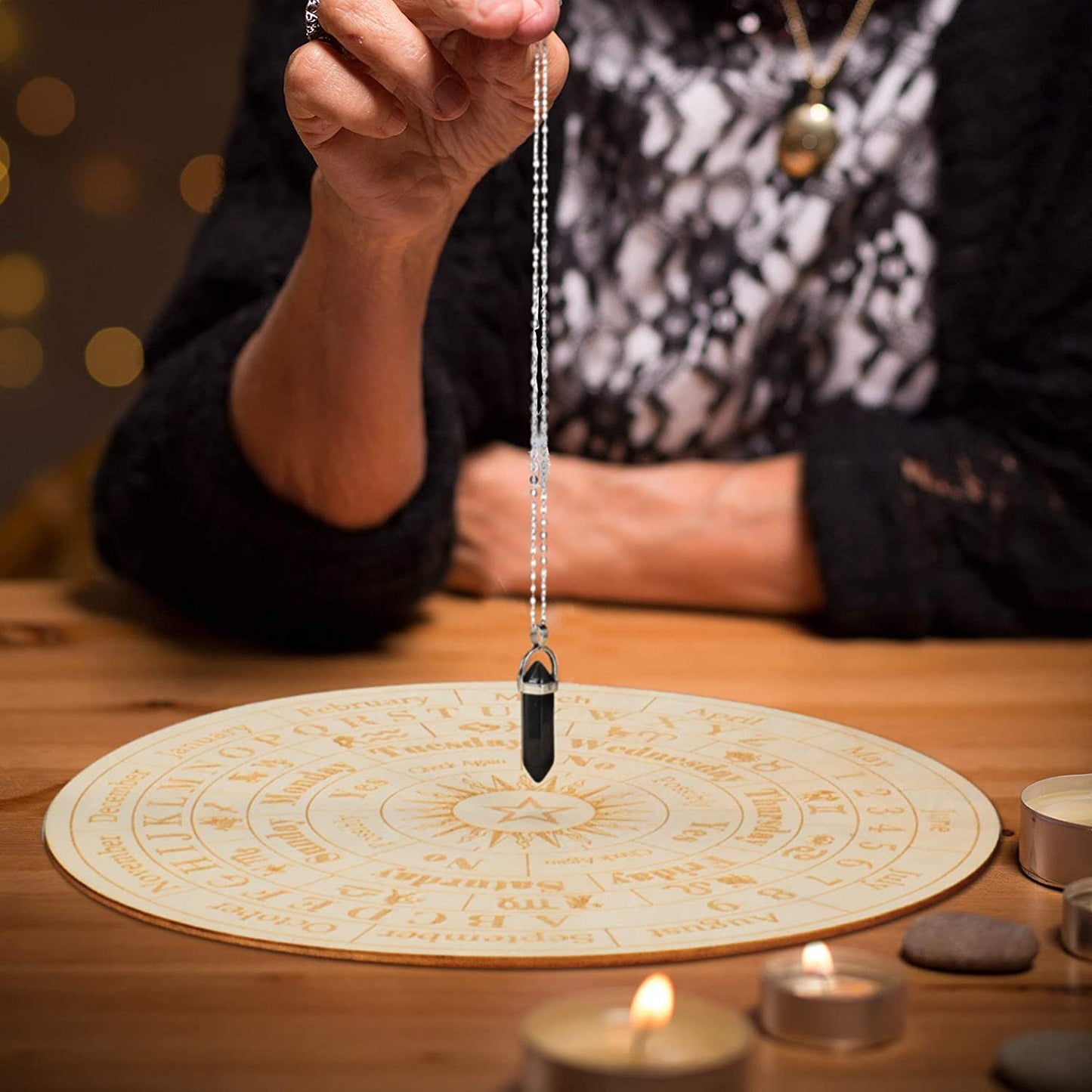 Star Pendulum Board Wooden Dowsing Board Divination Metaphysical Message Board for Witchcraft Wiccan Altar Supplies Kit Beginner Witchcraft Supply, round Shape (9.8 Inch)