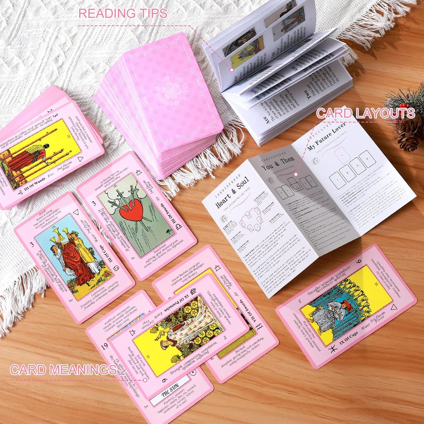 Pink Tarot Cards Deck Set for Beginners with Meanings on Them-Tarot Card with Guidebook-(Free Velvet Tarot Bag Pouch)