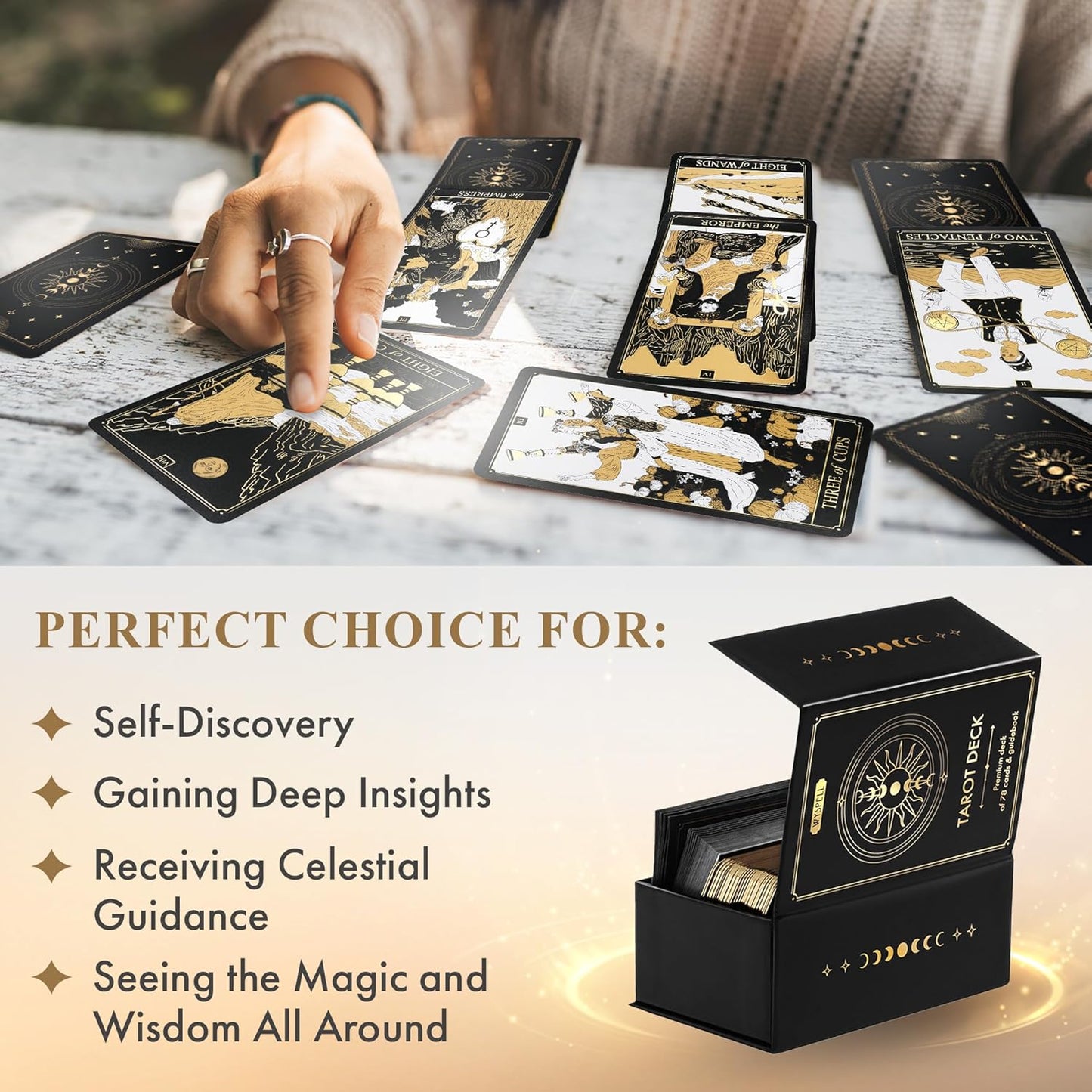Classic Tarot Cards with Guide Book - 78 Gold Cards for Beginners - Black Tarot Decks with Guidebook - Original Cards Deck with Guidebook