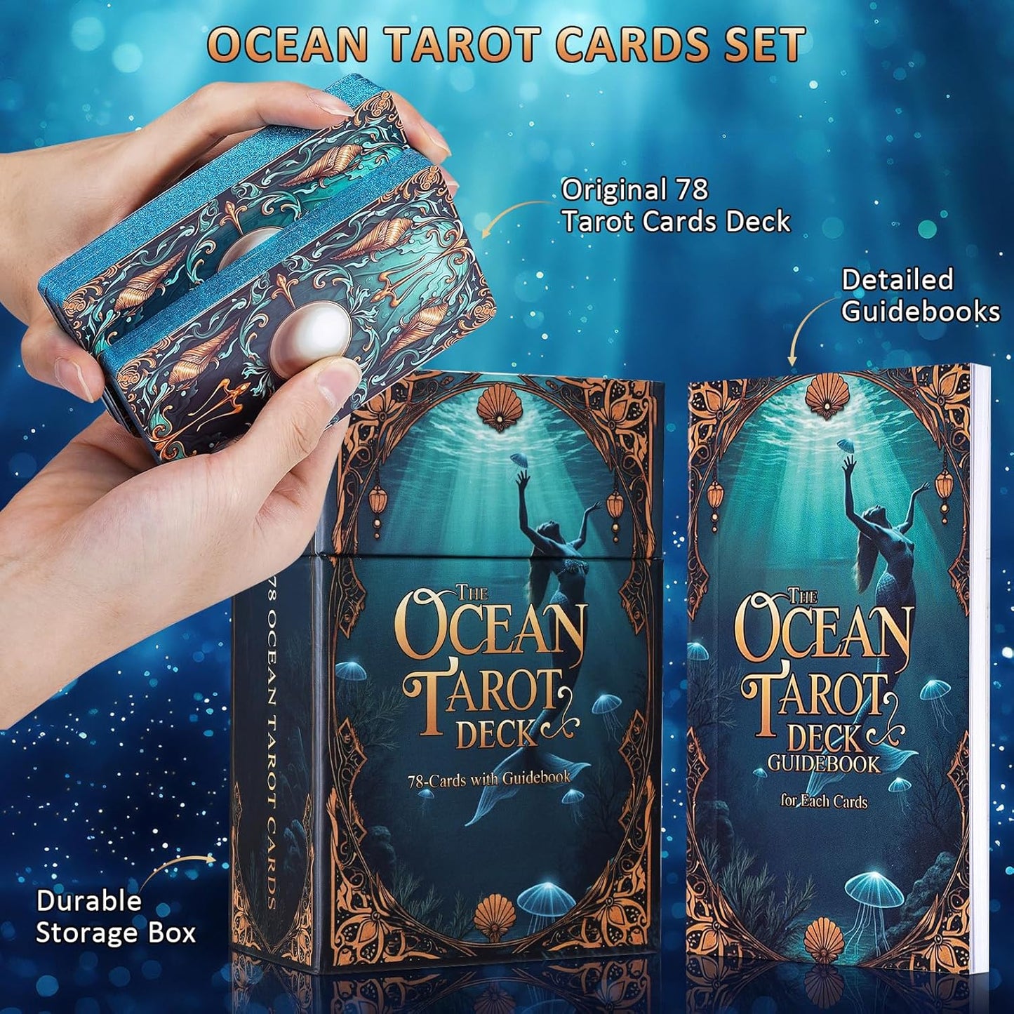 Ocean Tarot Cards with Guide Book for Beginners Unique Pretty Gold Foil Tarot Oracle Deck Set with Beautiful Box 400GSM 78 PCS Card Standard Size
