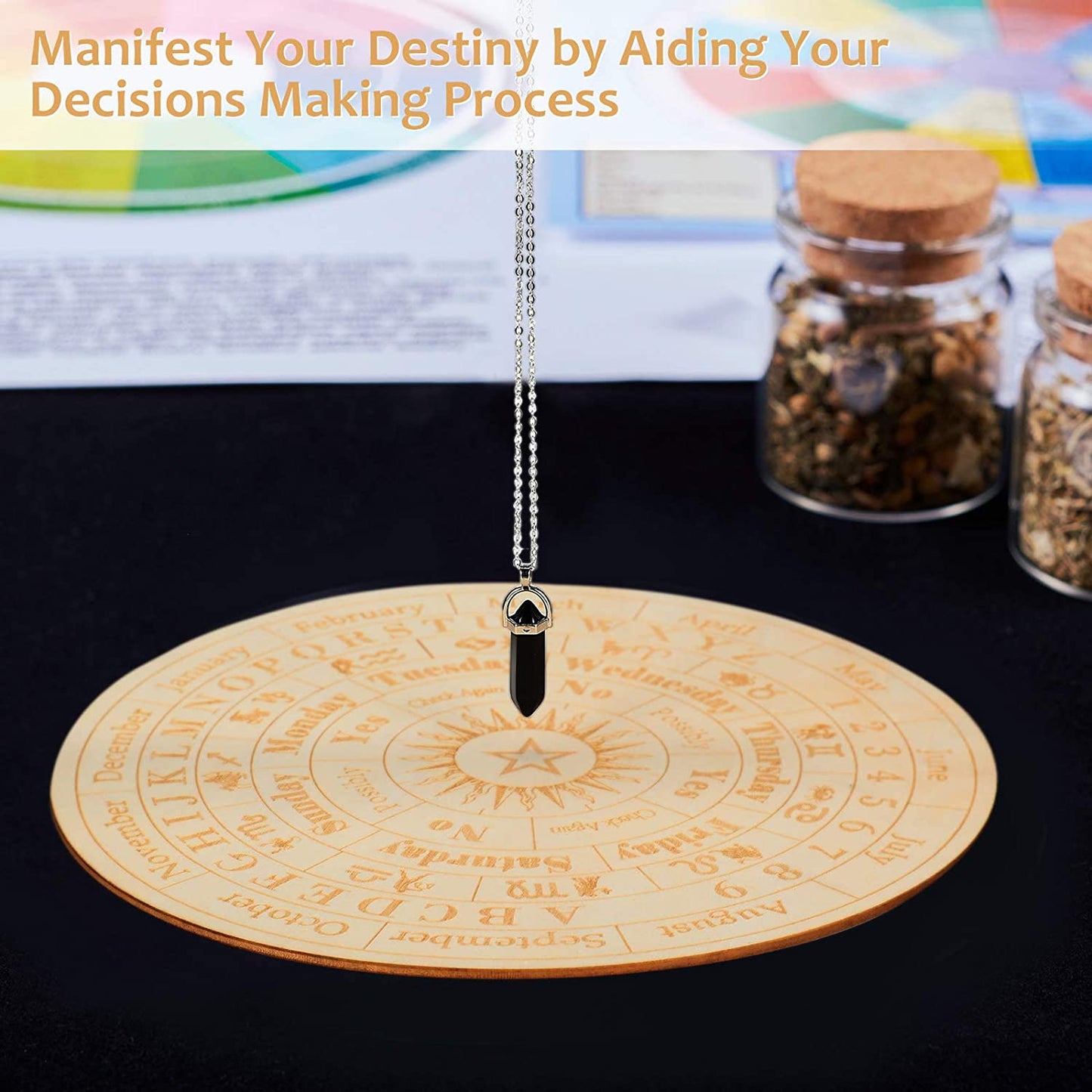 Star Pendulum Board Wooden Dowsing Board Divination Metaphysical Message Board for Witchcraft Wiccan Altar Supplies Kit Beginner Witchcraft Supply, round Shape (9.8 Inch)