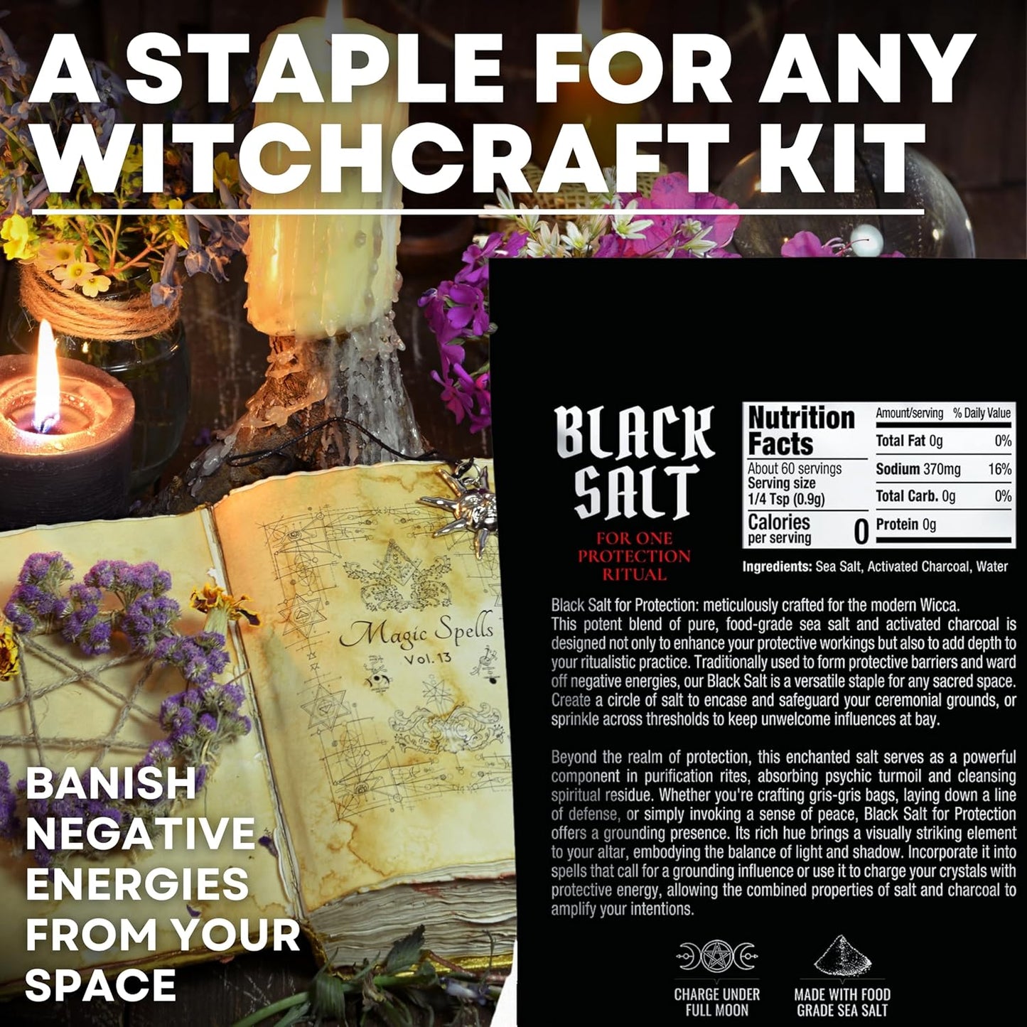 Black Salt for Protection Rituals & Wiccan Spells, Handcrafted Negative Energy Protection Crystals for Witchcraft, 2 Oz Bag, Witches & Wiccan Witchcraft Supplies