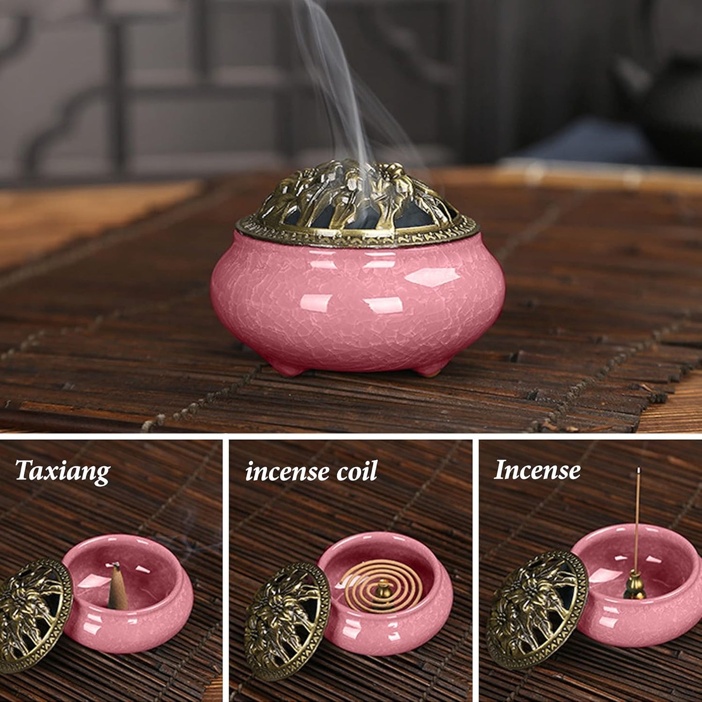 Incense Burner with Brass Incense Holder, Ceramic Incense Burner, Suitable for Linearconepan Incense Stick Burner, There Are 30 Incense Cones inside (Violet)