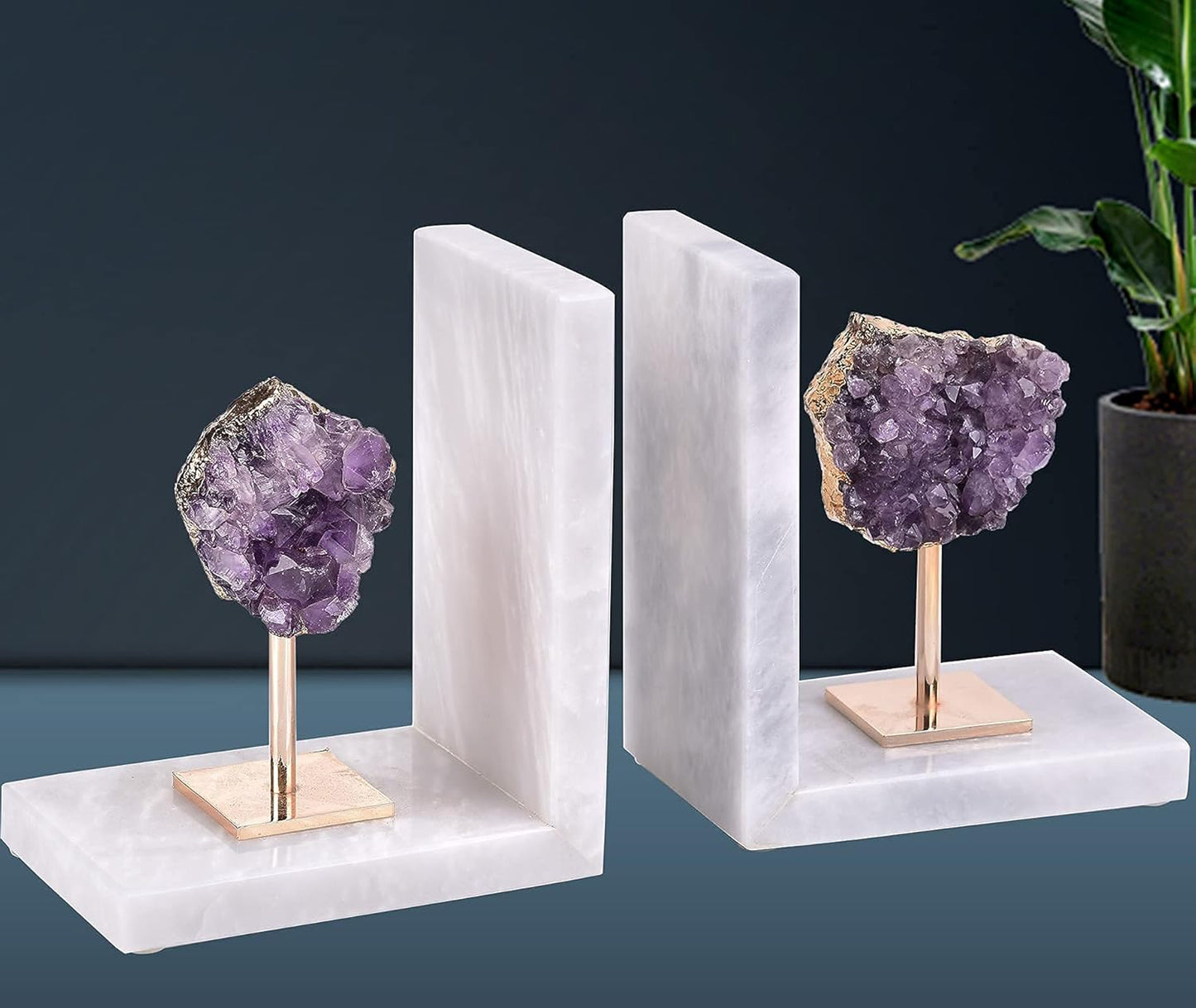 Amethyst Bookends for Heavy Books Decorative Marble Book Ends Stone Purple Non Skid Shelves Decor 1 Pair 5LBS