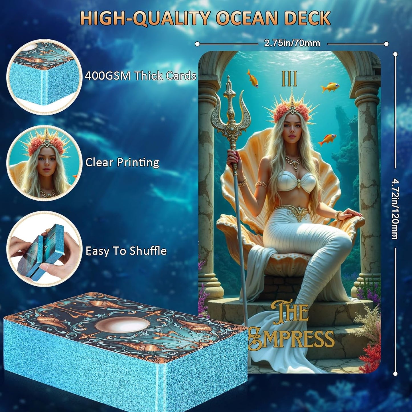 Ocean Tarot Cards with Guide Book for Beginners Unique Pretty Gold Foil Tarot Oracle Deck Set with Beautiful Box 400GSM 78 PCS Card Standard Size