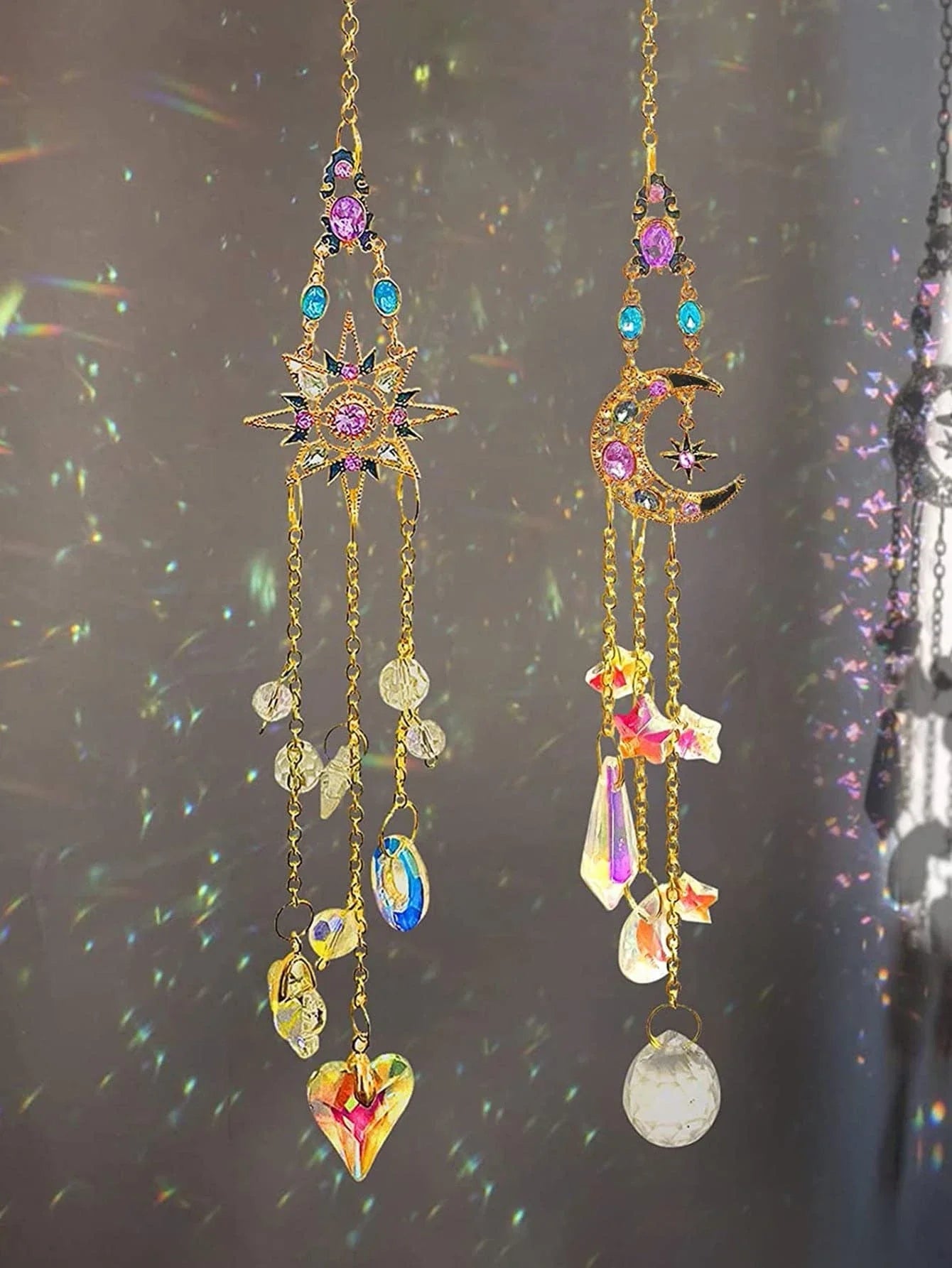 Suncatcher Crystal Moon Sun Chakra Stained Glass Rainbow Maker Sun Catcher Hanging Decoration Garden Outdoor Decors Home Gift
