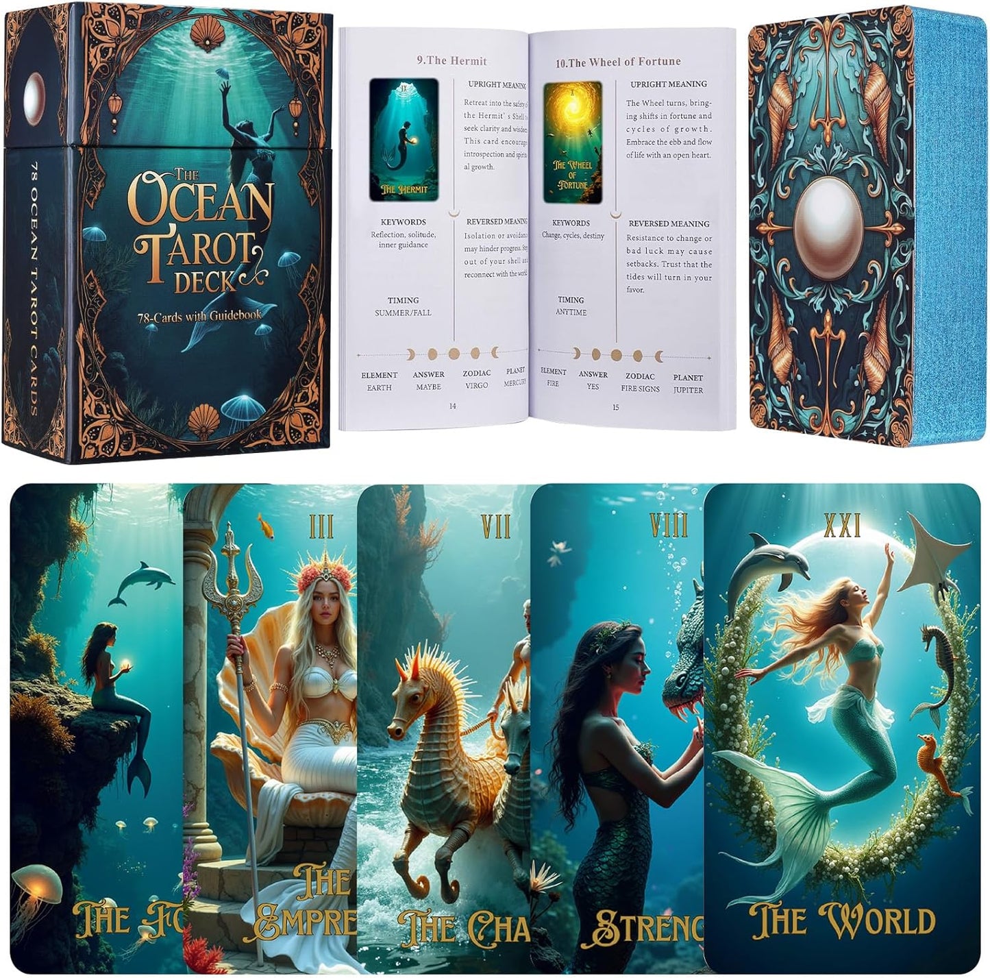 Ocean Tarot Cards with Guide Book for Beginners Unique Pretty Gold Foil Tarot Oracle Deck Set with Beautiful Box 400GSM 78 PCS Card Standard Size