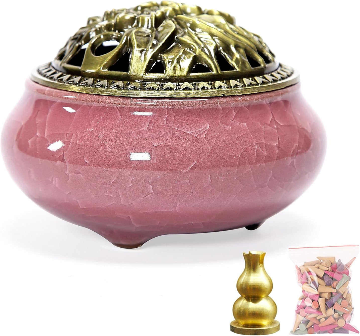 Incense Burner with Brass Incense Holder, Ceramic Incense Burner, Suitable for Linearconepan Incense Stick Burner, There Are 30 Incense Cones inside (Violet)