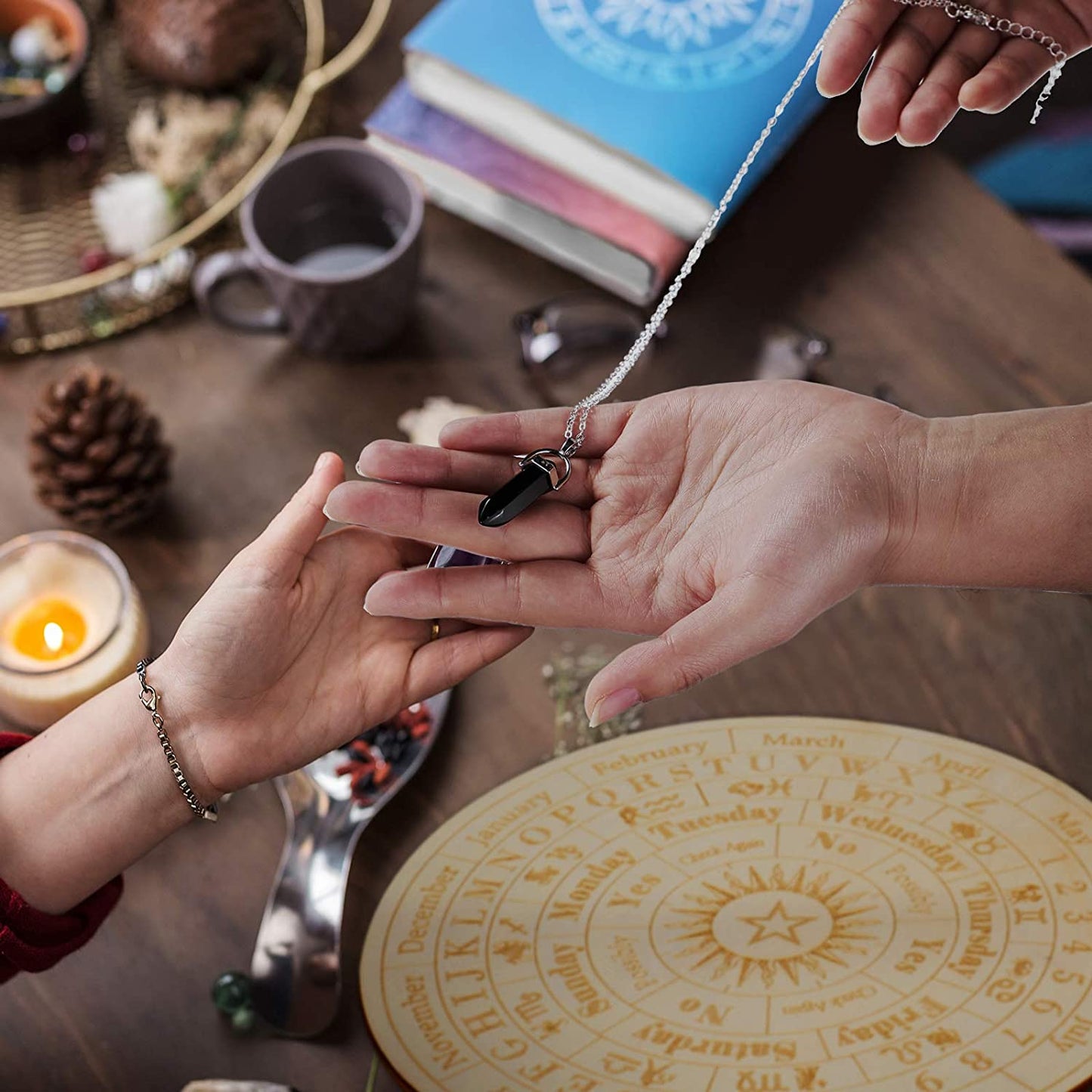Star Pendulum Board Wooden Dowsing Board Divination Metaphysical Message Board for Witchcraft Wiccan Altar Supplies Kit Beginner Witchcraft Supply, round Shape (9.8 Inch)
