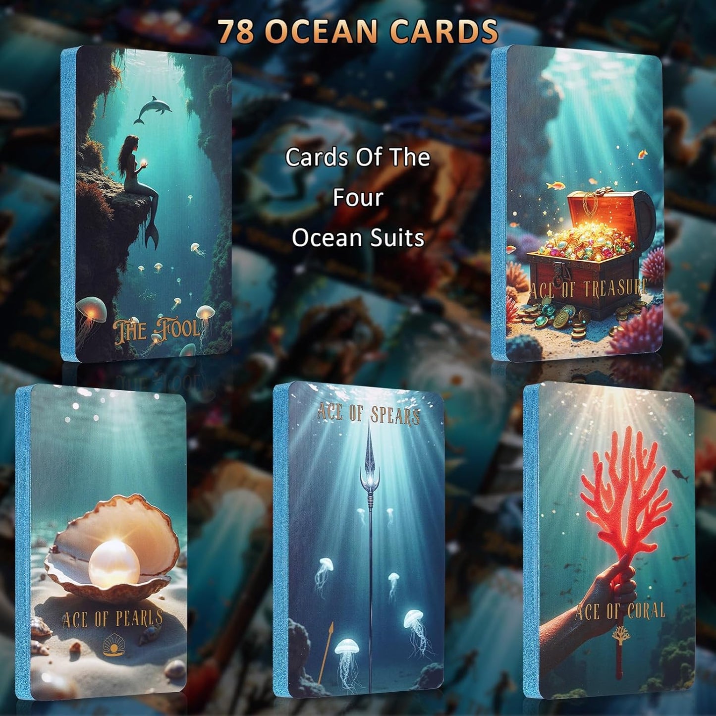 Ocean Tarot Cards with Guide Book for Beginners Unique Pretty Gold Foil Tarot Oracle Deck Set with Beautiful Box 400GSM 78 PCS Card Standard Size