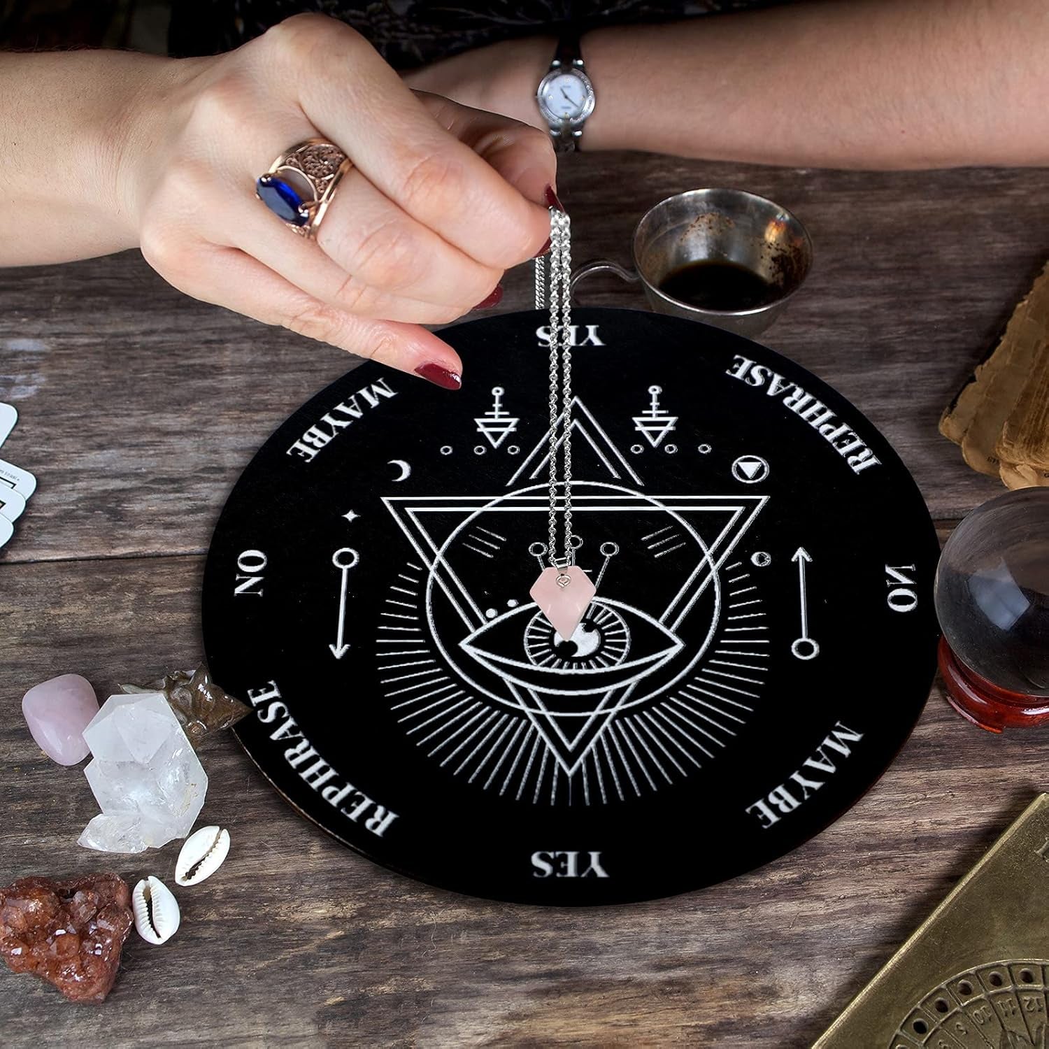Wooden Pendulum Board Dowsing Divination Pendulum Witchcraft Altar Supplies with Crystal Necklace and Metaphysical Message Board Kit, 3.9 Inch(Black)