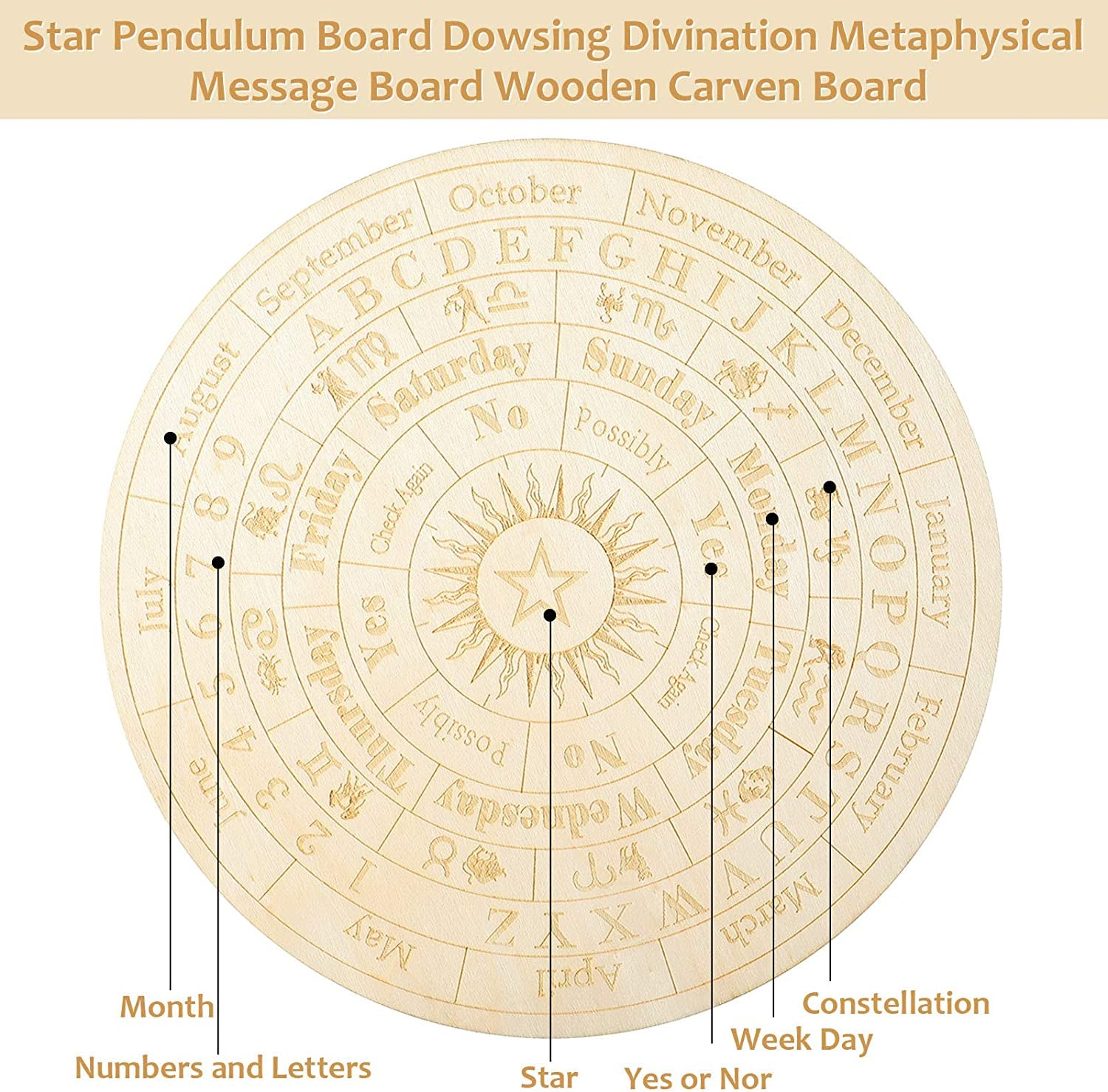 Star Pendulum Board Wooden Dowsing Board Divination Metaphysical Message Board for Witchcraft Wiccan Altar Supplies Kit Beginner Witchcraft Supply, round Shape (9.8 Inch)