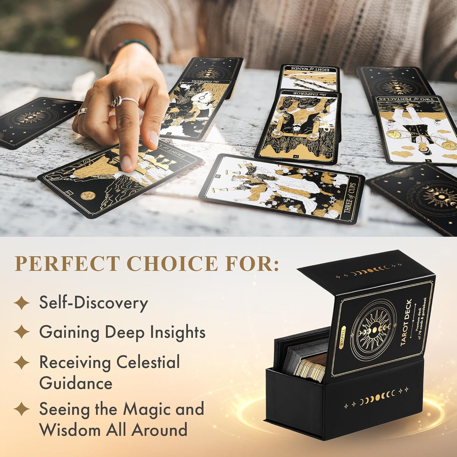 Classic Tarot Cards with Guide Book - 78 Gold Cards for Beginners - Black Tarot Decks with Guidebook - Original Cards Deck with Guidebook