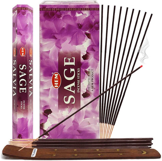 Sage Incense Sticks & Holder Bundle: 120 Sticks (6 Packets of 20), 1 Holder