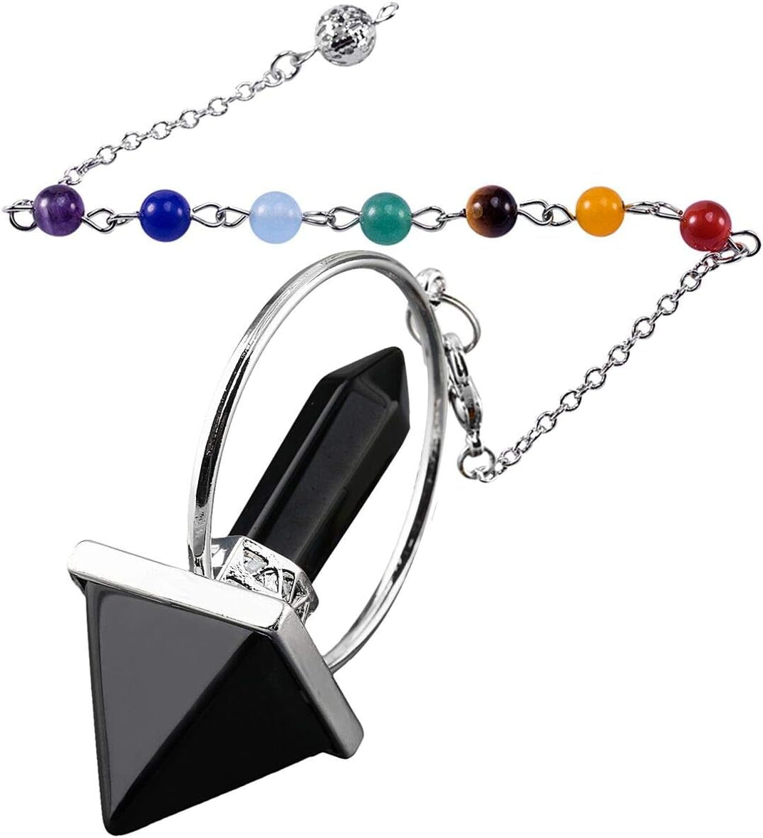 Pyramid Healing Crystal Point Pendulum with 7 Chakra Stone Beads Chain for Dowsing Divination Reiki Meditation