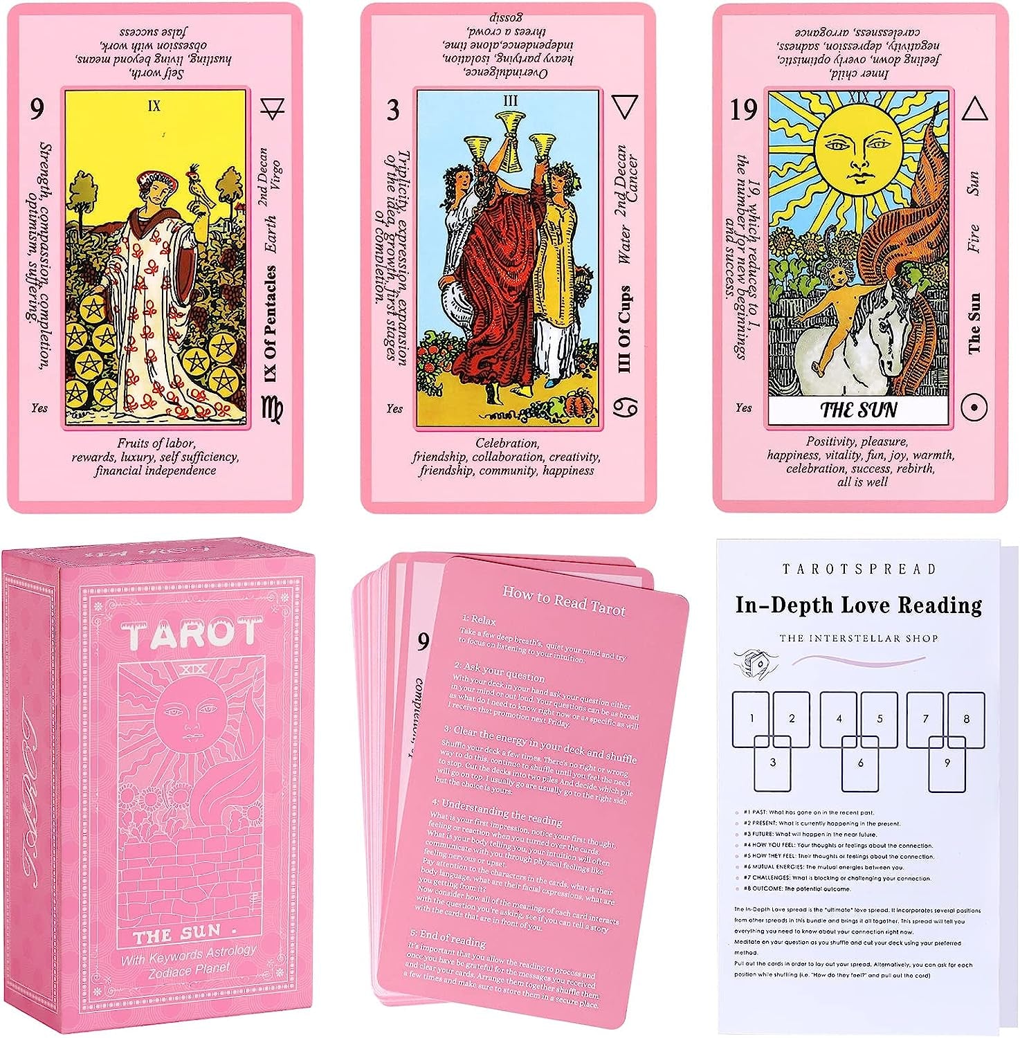 Pink Tarot Cards Deck Set for Beginners with Meanings on Them-Tarot Card with Guidebook-(Free Velvet Tarot Bag Pouch)