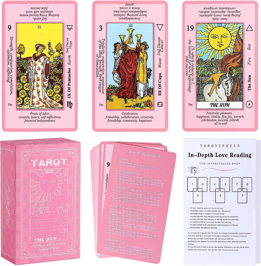 Pink Tarot Cards Deck Set for Beginners with Meanings on Them-Tarot Card with Guidebook-(Free Velvet Tarot Bag Pouch)