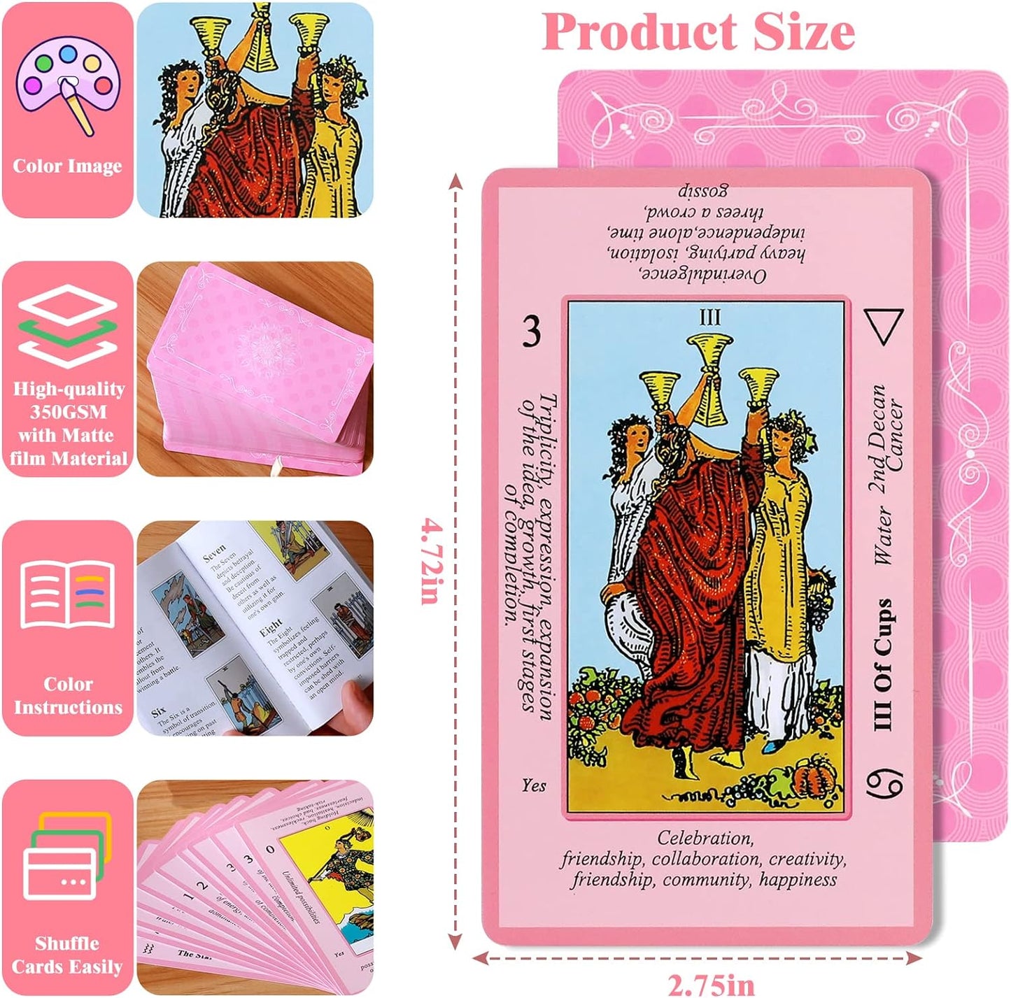 Pink Tarot Cards Deck Set for Beginners with Meanings on Them-Tarot Card with Guidebook-(Free Velvet Tarot Bag Pouch)