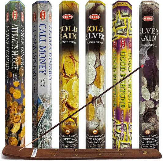 Hem Incense Sticks Variety Pack #29 and Incense Stick Holder Bundle with 6 Money and Good Luck Fragrances