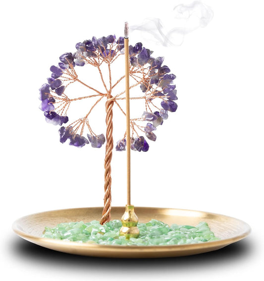 Incense Holder for Sticks, Handmade Amethyst Tree Healing Crystal Money Tree Incense Burner with Brass Tray, Ash Catcher Perfect for Yoga, Meditation Practice and Home Decor