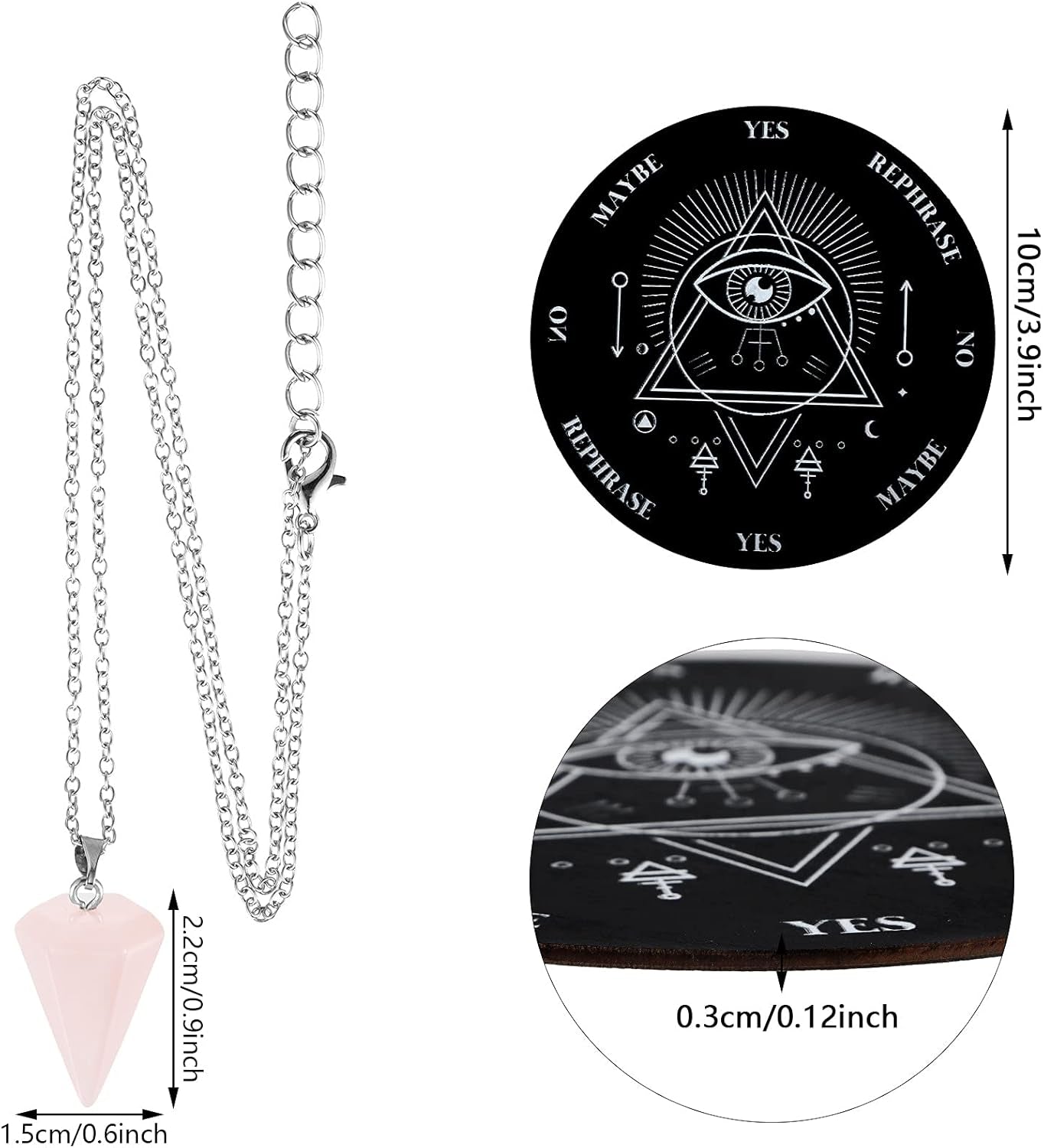 Wooden Pendulum Board Dowsing Divination Pendulum Witchcraft Altar Supplies with Crystal Necklace and Metaphysical Message Board Kit, 3.9 Inch(Black)