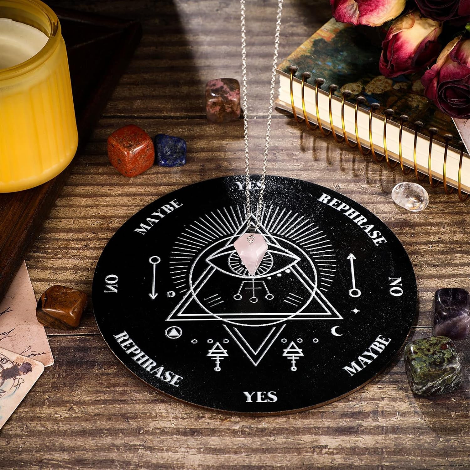 Wooden Pendulum Board Dowsing Divination Pendulum Witchcraft Altar Supplies with Crystal Necklace and Metaphysical Message Board Kit, 3.9 Inch(Black)