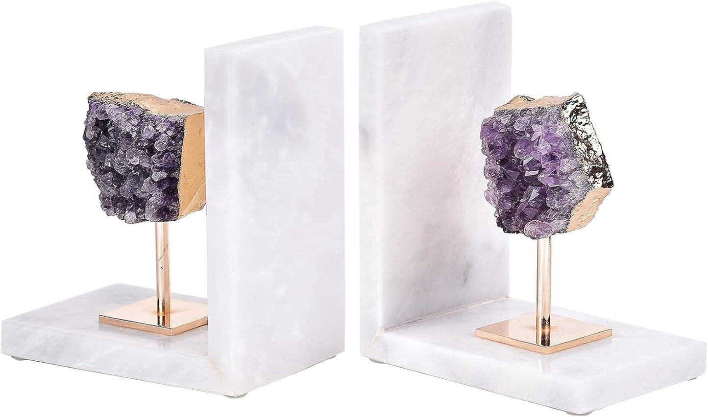 Amethyst Bookends for Heavy Books Decorative Marble Book Ends Stone Purple Non Skid Shelves Decor 1 Pair 5LBS