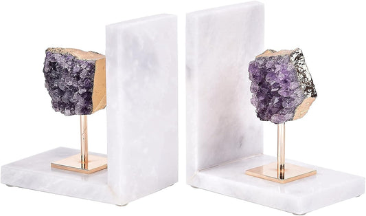 Amethyst Bookends for Heavy Books Decorative Marble Book Ends Stone Purple Non Skid Shelves Decor 1 Pair 5LBS