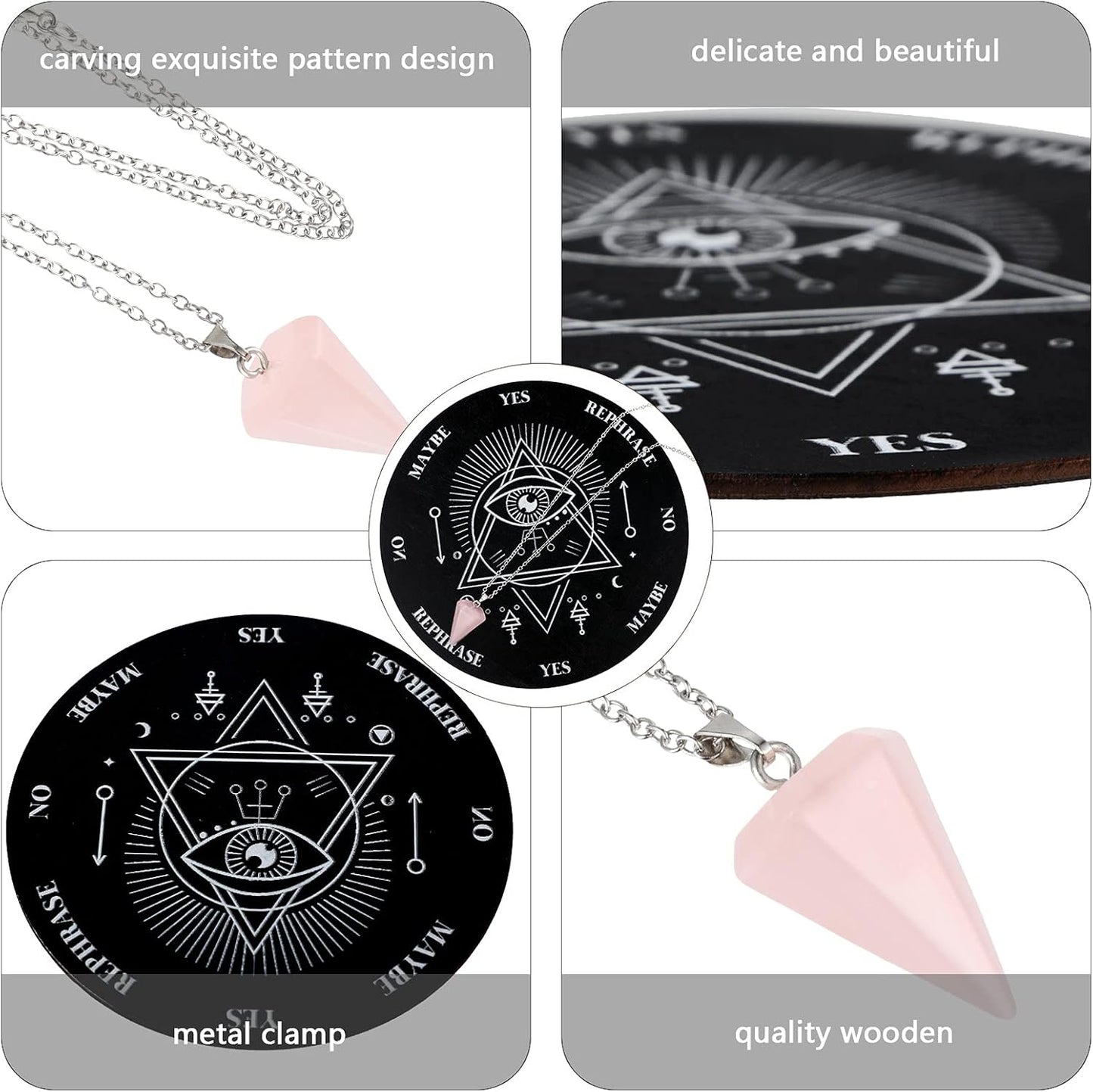 Wooden Pendulum Board Dowsing Divination Pendulum Witchcraft Altar Supplies with Crystal Necklace and Metaphysical Message Board Kit, 3.9 Inch(Black)